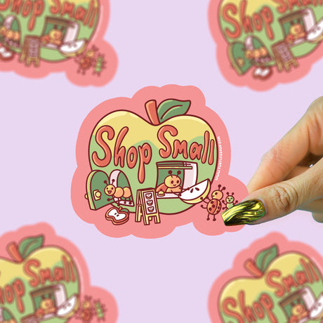 Shop Small Sticker with colorful hand drawn lettering and playful shop themed illustrations