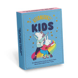 Affirmators Kids card deck with colorful unicorn and bunny on roller skates on blue box for positive affirmations.