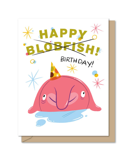 Birthday card featuring a cheerful pink blobfish wearing a party hat with colorful confetti and stars