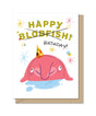 Birthday card featuring a cheerful pink blobfish wearing a party hat with colorful confetti and stars
