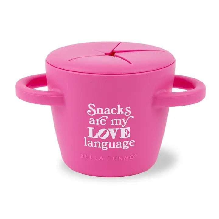 Happy Snacker | Snacks Are My Love Language pink silicone snack cup with snap tight lid and easy grip handles.