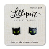 Black Cat Earrings featuring hypoallergenic titanium posts, vibrant waterproof print, handmade in New Orleans.