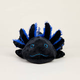 Soft black axolotl plush with blue accents, microwavable for warmth, scented with real dried lavender for comfort.