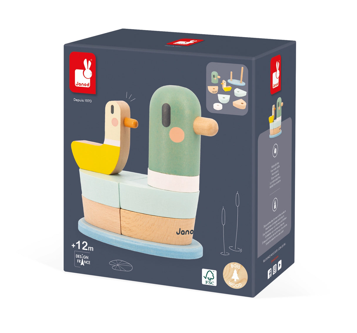 Wooden stacking toy of a green and yellow duck with pastel blue base and natural wood pieces in packaging box