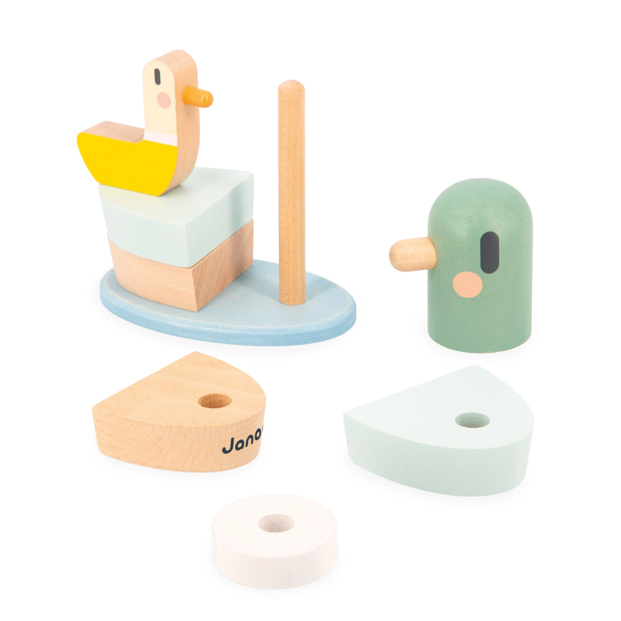 Wooden stacking toy with a yellow duck, pastel blue base, green duck head, and natural wood pieces on white background