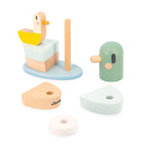 Wooden stacking toy with a yellow duck, pastel blue base, green duck head, and natural wood pieces on white background