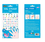Colorful ocean-themed nail stickers for kids featuring fish, seashells, and sea creatures on a blue background