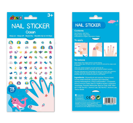 Colorful ocean-themed nail stickers for kids featuring fish, seashells, and sea creatures on a blue background