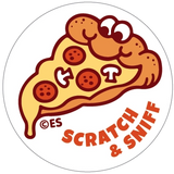 Smiling cartoon pizza slice sticker with pepperoni, mushrooms, and scratch and sniff label in orange text
