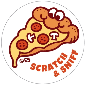 Smiling cartoon pizza slice sticker with pepperoni, mushrooms, and scratch and sniff label in orange text