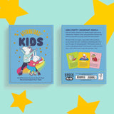 Front and back of a colorful kids affirmation card deck with playful animal illustrations and encouraging text on a blue background.