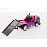 Purple toy muscle transporter truck with ramp and detailed wheels on a white background
