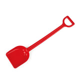 Red plastic shovel with a broad scoop and a comfortable hand grip for easy digging and outdoor fun