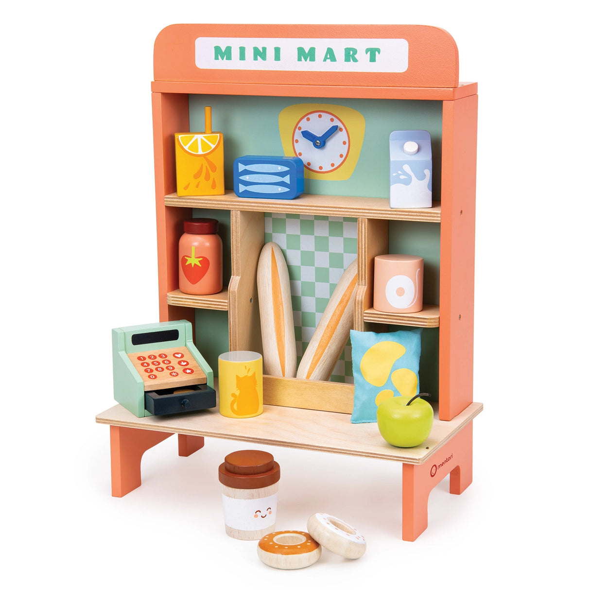 Mini Mart wooden playset with shelves stocked with groceries, a small till, and colorful French-style design