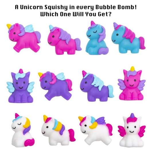 Twelve colorful unicorn squishy toys in various poses and colors featured as surprises inside bubble bath bombs.