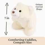 Soft white plush dog with a unique curved shape, measuring 7 inches, designed for comforting cuddles on the go