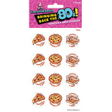 Two sheets of vintage 80s style pizza scratch and sniff stickers with three pizza designs on each sheet