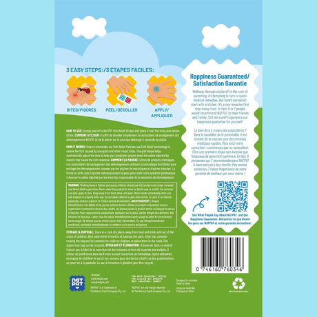 Natpat | Magicpatch Natural Itch Relief Stickers packaging showing usage steps and product benefits for bug bite relief.