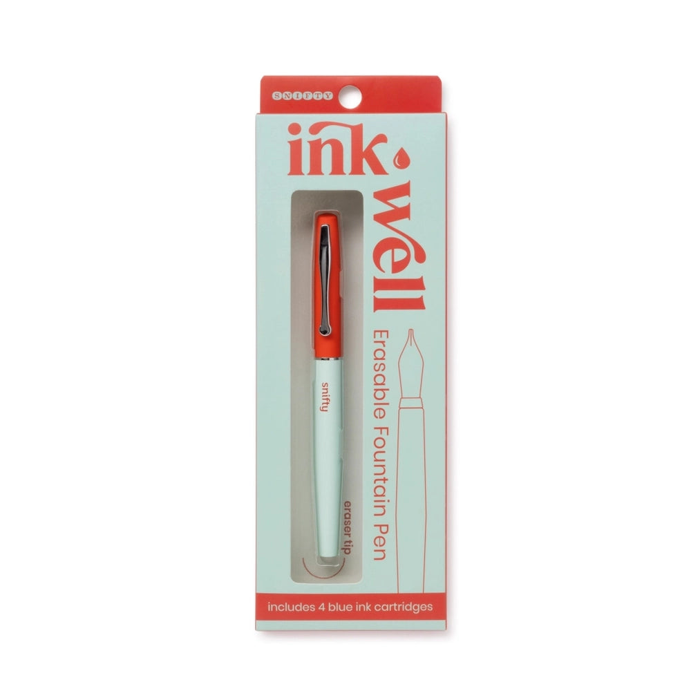 Ink Well Erasable Fountain Pen in package with four blue ink cartridges