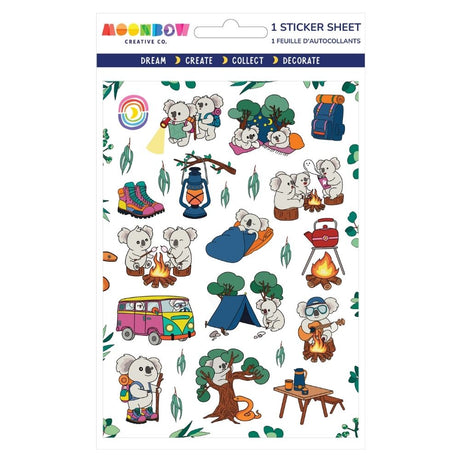 Koalas Campsite Glossy Stickers sheet with cute koalas camping hiking and enjoying outdoor adventures