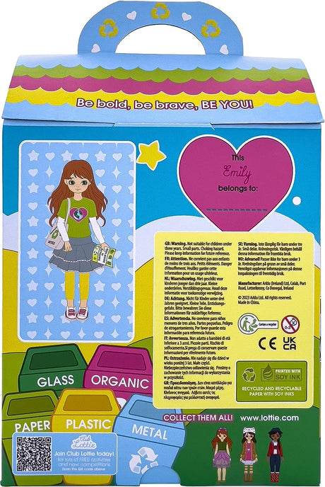 Colorful boxed Lottie Planet Rescuer doll with green top, denim skirt, yellow leggings, and recycling bins illustration.