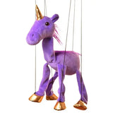 Marionette Small | Purple Unicorn string puppet with golden hooves and horn, 8-inch tall dancing marionette toy.