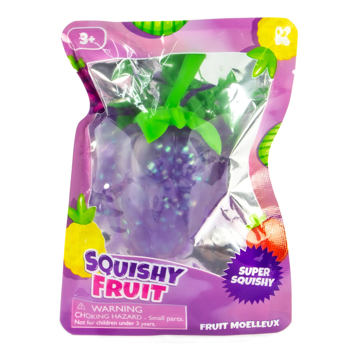 Squishy Fruit purple grape-shaped squishy toy in colorful packaging
