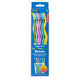 Six colorful wavy reusable straws in blue, green, pink, and purple with smiling faces in bright packaging