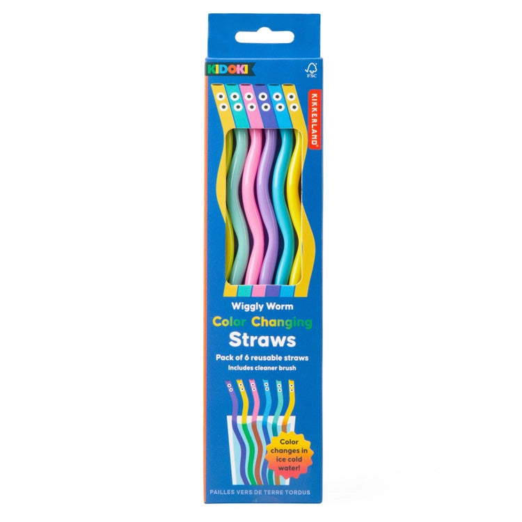 Six colorful wavy reusable straws in blue, green, pink, and purple with smiling faces in bright packaging