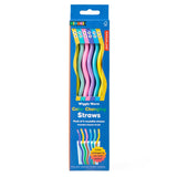 Six colorful wavy reusable straws in blue, green, pink, and purple with smiling faces in bright packaging