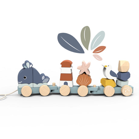 Wooden ocean-themed stacking train toy with whale, lighthouse, starfish, seagull, and various colorful blocks on wheels