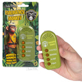 Emergency Monkey electronic noisemaker with four buttons for excited, banana, alert, and fight sounds in green plastic.
