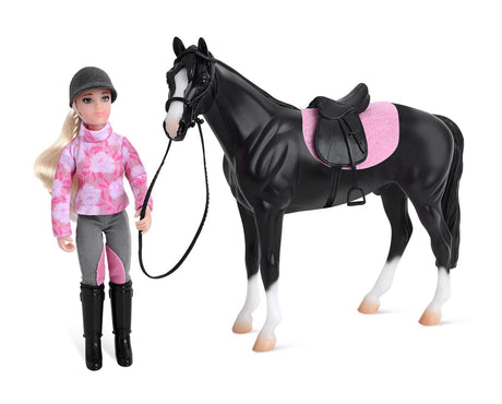 English Horse & Rider set with posable rider in pink gear and black horse with matching pink saddle pad.