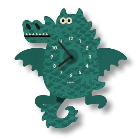 Wood Pendulum Clock | Dragon with green dragon design, silent quartz movement, and natural wood finish.