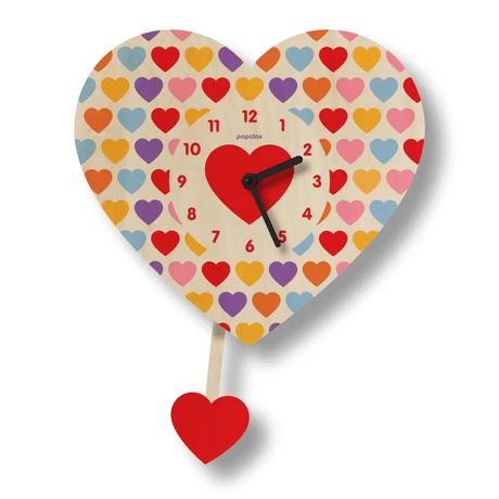 Wooden heart-shaped wall clock with colorful hearts and swinging heart pendulum perfect for kids’ room decor