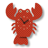 Wood Pendulum Clock | Lobster shaped red polka dot design with silent quartz movement and natural wood finish.