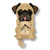 Wooden wall clock shaped like a pug with wagging tail pendulum in natural wood finish and playful design.