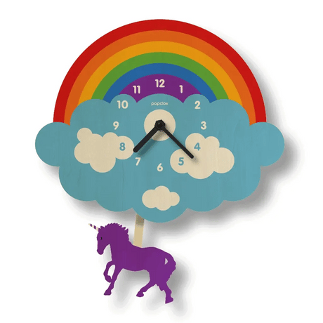 Wood Pendulum Clock | Rainbow featuring a colorful rainbow, blue cloud face, and a purple unicorn pendulum.