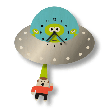 Wood Pendulum Clock | Saucer features a playful saucer design with a swinging character pendulum.