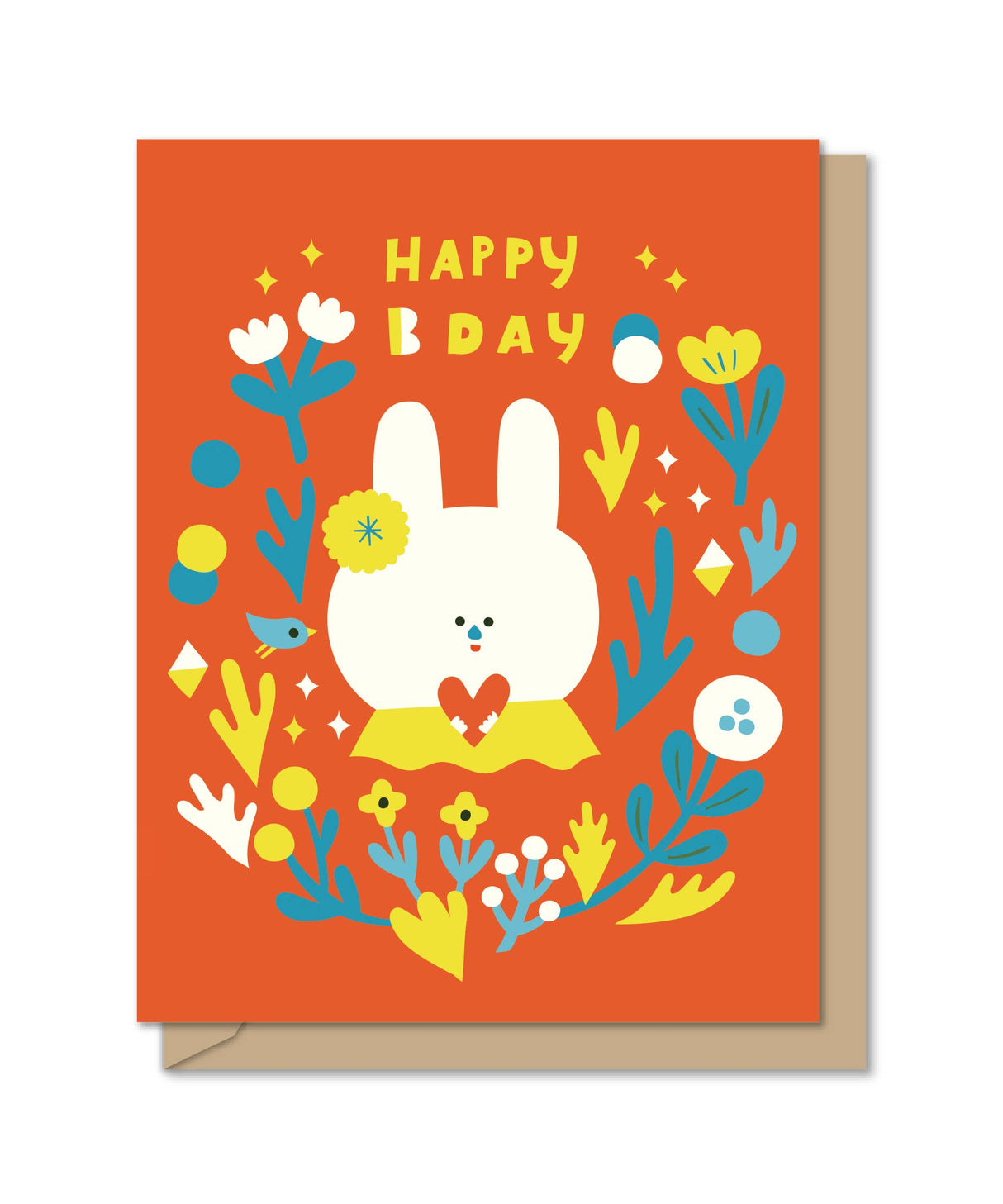 Bright orange birthday card featuring a cute white bunny surrounded by colorful flowers and cheerful text.