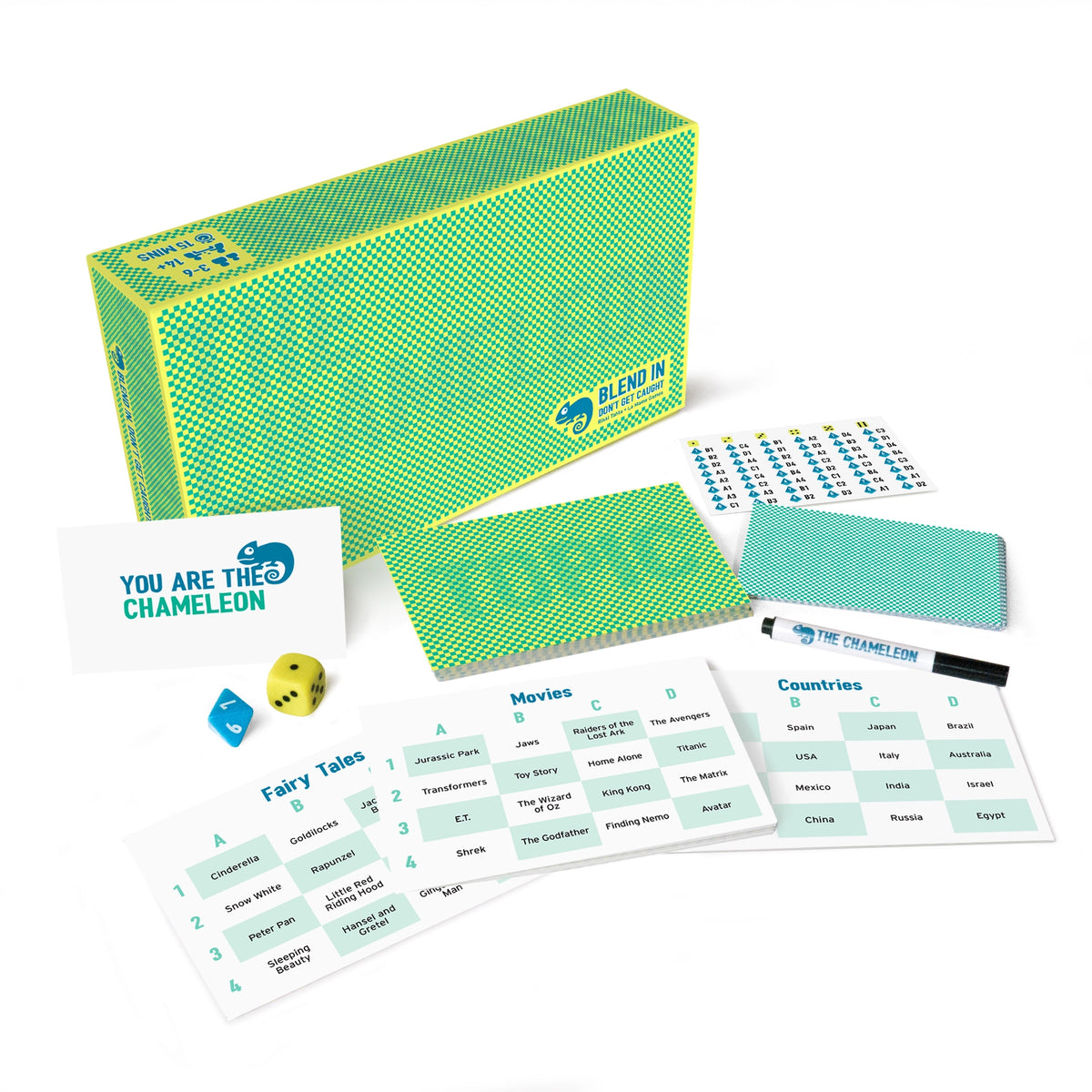 The Chameleon board game with colorful cards dice and game pieces