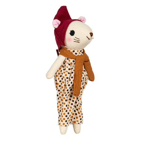 Soft fabric mouse doll wearing a red hat, brown scarf, and polka dot jumpsuit, standing upright on white background
