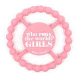 Pink silicone teether with "Who Runs the World" text, easy grip, safe for babies, Teether | Who Runs the World.