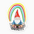 Cartoon gnome sitting cross-legged with eyes closed and hands in meditation pose under a colorful rainbow arc