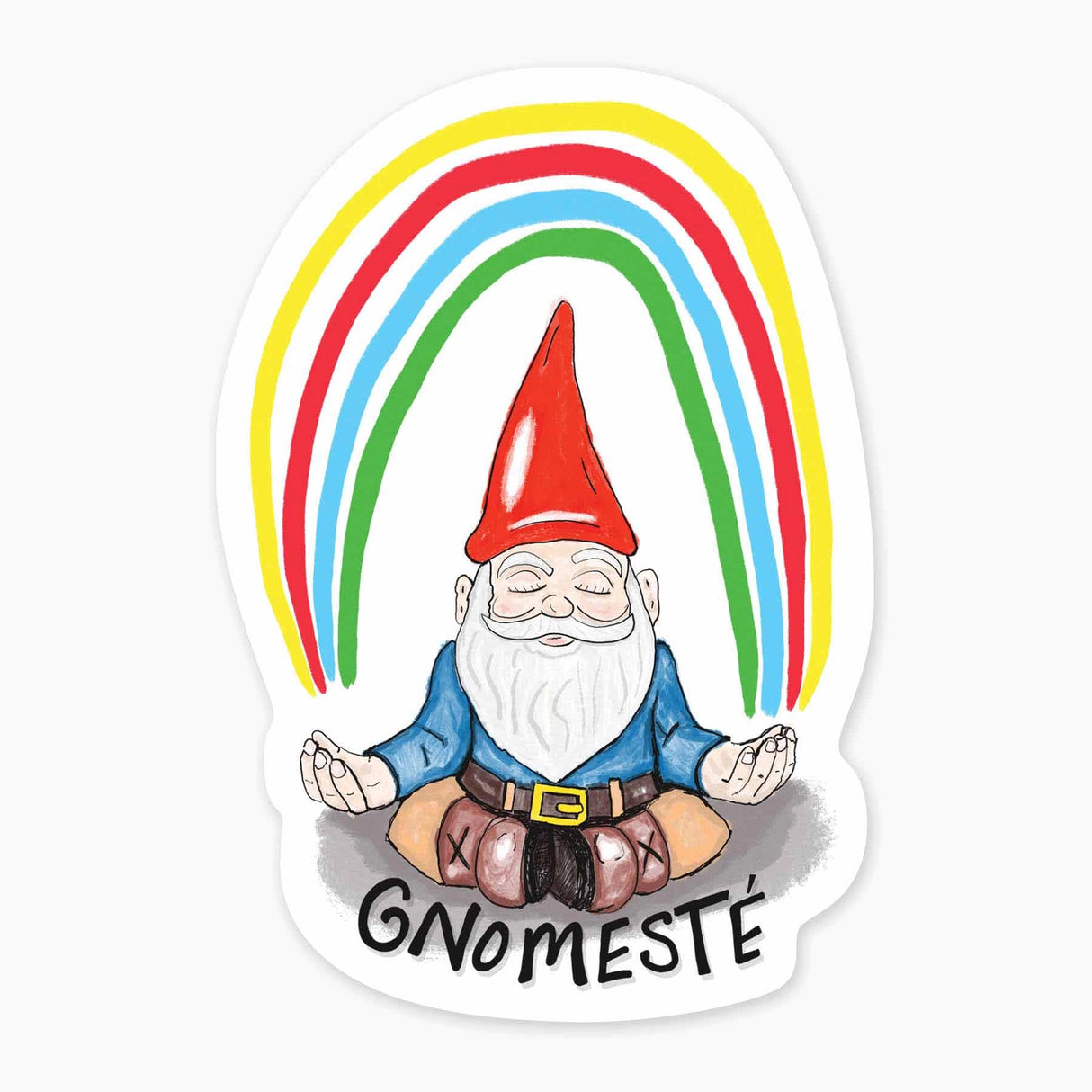 Cartoon gnome sitting cross-legged with eyes closed and hands in meditation pose under a colorful rainbow arc