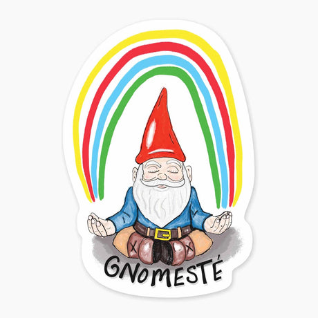 Cartoon gnome sitting cross-legged with eyes closed and hands in meditation pose under a colorful rainbow arc