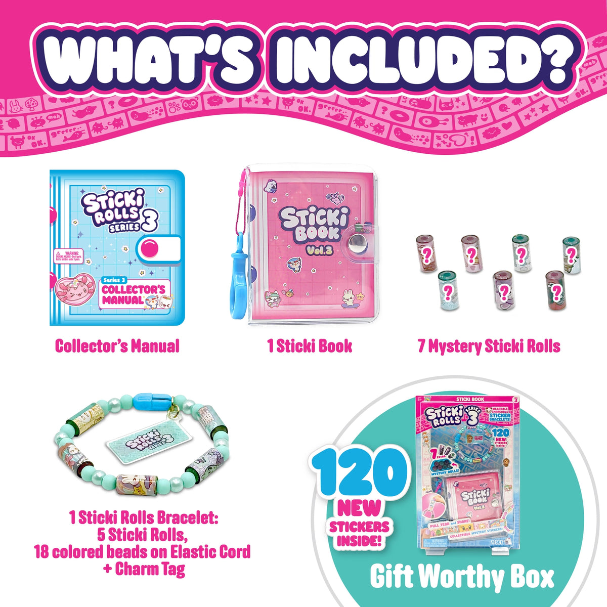 Sticki Rolls Sticki Book Series 3 contents with collector manual Sticki book mystery rolls bracelet and stickers