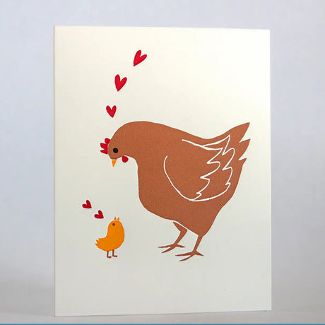 Mother Hen Card featuring a letter-pressed design of a hen and chick with red hearts, made in the USA by Fugu Fugu!