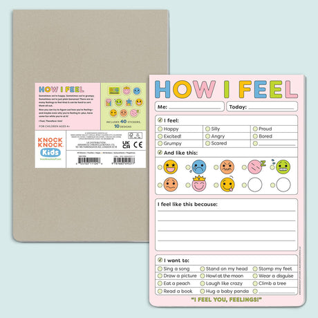 Front and back of a colorful 6x9 emotion chart pad for kids to help identify and express feelings with stickers and prompts.