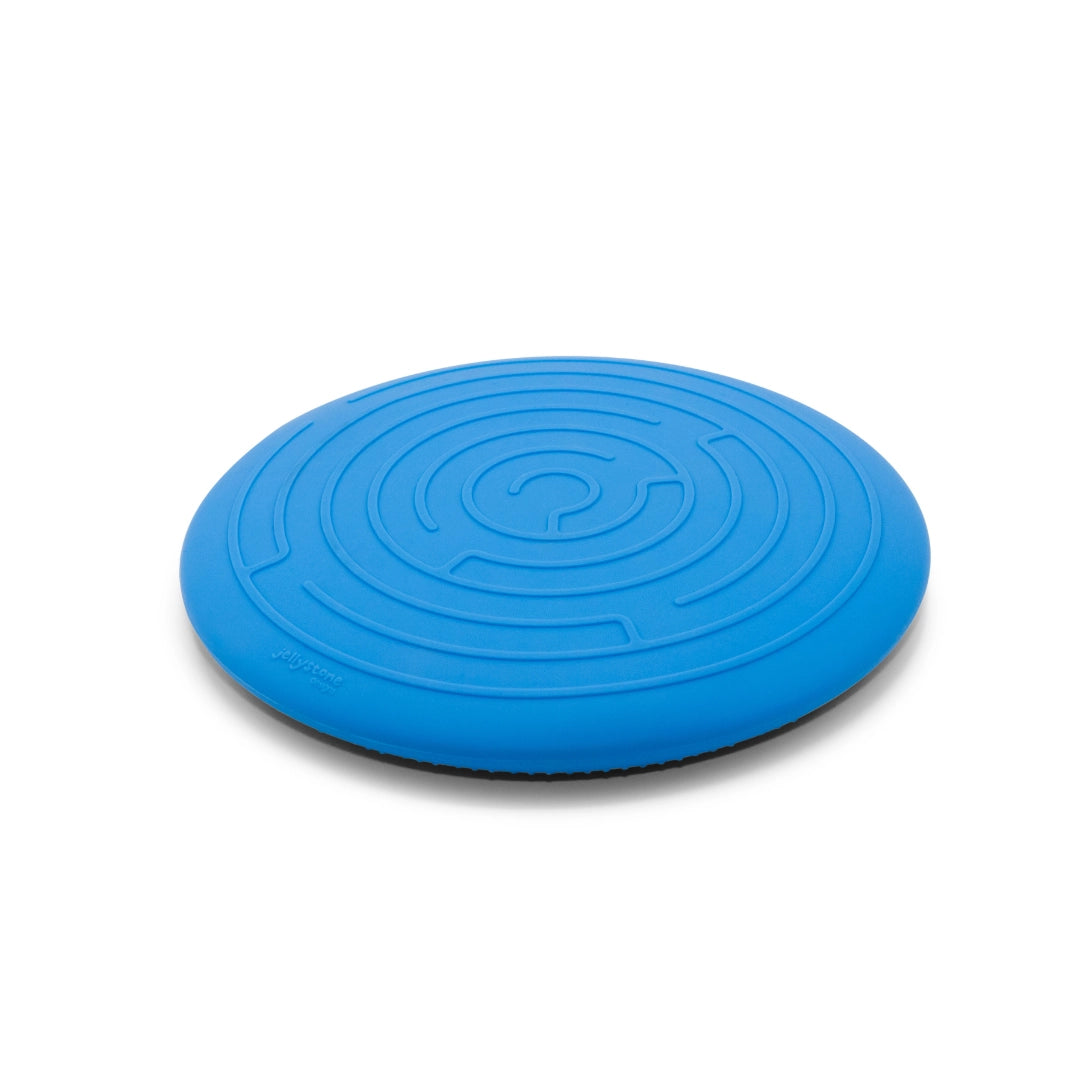 Round blue balance disc with textured maze pattern on the surface for stability and core exercise